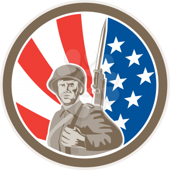 Illustration of an american world war two soldier serviceman military with bayonet set inside circle on stars and stripes background done in retro style. 