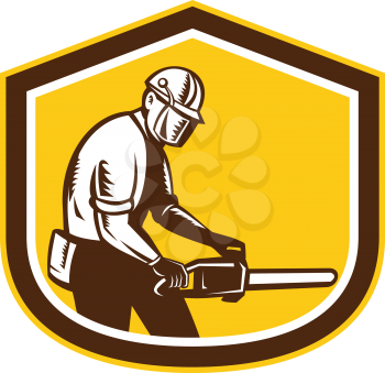 Illustration of lumberjack arborist tree surgeon operating a chainsaw set inside shield crest shape on isolated white background done in retro style.
