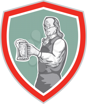 Illustration of Benjamin Franklin holding mug of beer looking to the side set inside shield crest on isolated background done in retro style. 