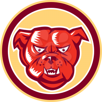 Illustration of an angry bulldog dog mongrel head mascot showing fangs facing front set inside circle on isolated background done in retro style.
