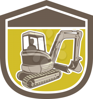 Illustration of a construction digger mechanical excavator set inside shield crest shape on isolated background done in retro style .