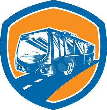 Illlustration of a tourist coach bus shuttle set inside shield crest on isolated background done in woodcut style. 
