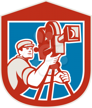 Illustration of a cameraman movie director with vintage movie film camera set inside shield crest on isolated background done in retro style.
