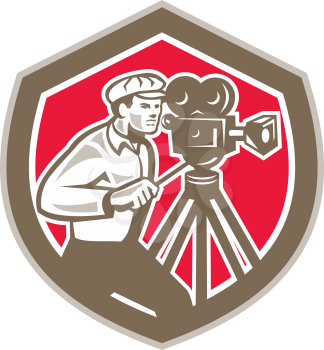Illustration of a cameraman movie director with vintage movie film camera shooting set inside shield crest on isolated background done in retro style.