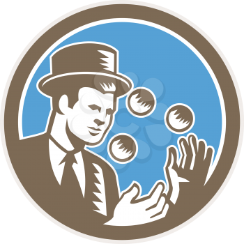 Illustration of a juggler juggling balls wearing top hat set inside circle on isolated background done in retro woodcut style.