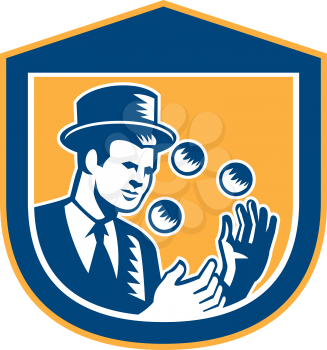 Illustration of a juggler juggling balls wearing top hat set inside shield crest shape on isolated background done in retro woodcut style.