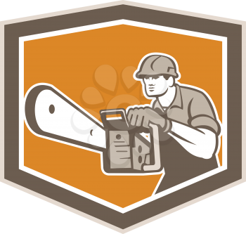 Illustration of lumberjack arborist tree surgeon operating a chainsaw viewed from front set inside crest shield shape on isolated white background done in retro style.