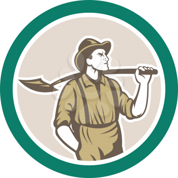 Illustration of a prospector miner wearing hat with shovel facing front set inside circle done in retro style on isolated background.