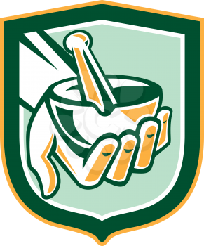 Illustration of a hand holding mortar and pestle set inside shield crest on isolated background done in retro style. 