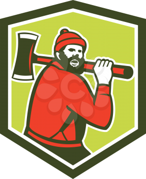 Illustration of Paul Bunyan a lumberjack sawyer forest worker carrying an axe set inside shield crest shape done in retro style on isolated background.