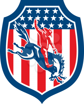 Illustration of an american rodeo cowboy riding bucking bronco set inside shield crest on with stars and stripes in the background done in retro style. 