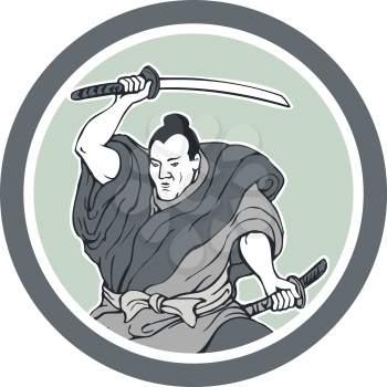 Illustration of a samurai warrior wielding katana sword in fighting stance viewed from front done in retro style set inside circle on isolated background.