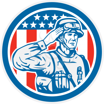 Illustration of an American soldier serviceman saluting with stars and stripes on the background set inside circle done in retro style. 