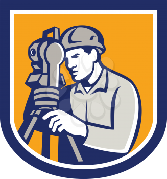 Illustration of a surveyor geodetic engineer using total station theodolite instrument surveying viewed from side done in retro style set inside shield.
