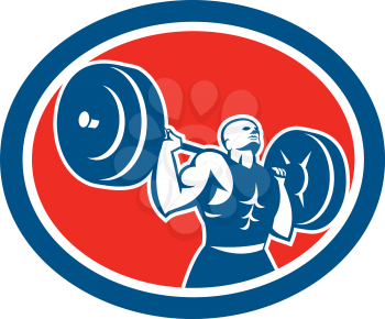 Illustration of a weightlifter lifting barbell over shoulder set inside circle shape on isolated background done in retro style.