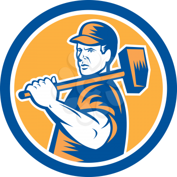 Illustration of a union worker holding sledgehammer hammer over shoulder done in retro style set inside circle on isolated background.