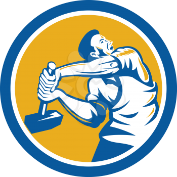 Illustration of a union worker strike striking using sledgehammer hammer done in retro style set inside shield crest on isolated white background.