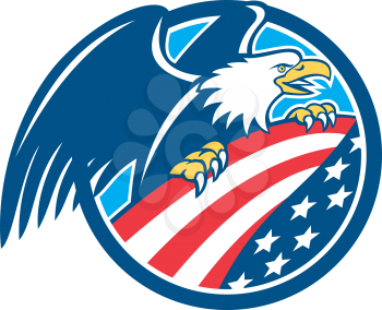 Illustration of an american bald eagle clutching a USA stars and stripes flag set inside circle done in retro style.