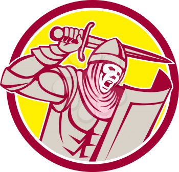 Illustration of crusader knight in full armor with shield brandishing wielding a sword set inside circle on isolated background done in retro style.