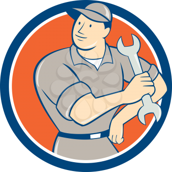 Illustration of a mechanic holding spanner wrench looking to the side with hand on hip set inside circle on isolated background done in cartoon style.