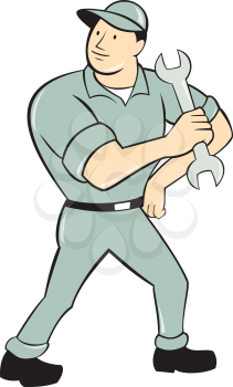 Illustration of a mechanic holding spanner wrench looking to the side with hand on hip on isolated white background done in cartoon style.