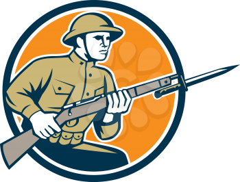 Illustration of a World War One American soldier serviceman with assault rifle fixed bayonet viewed from side set inside shield with American Stars and stripes flag on isolated white background  done 