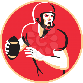 vector illustration of an american quarterback football player shouting  passing ball set inside circle done in retro style.
