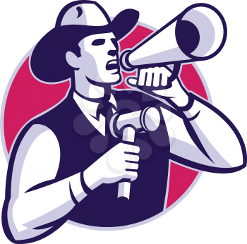 Illustration of a cowboy auctioneer with gavel hammer shouting on bullhorn set inside circle done in retro style.