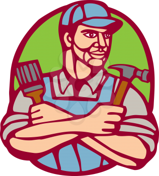 Illustration of a builder carpenter construction worker holding hammer and paintbrush arms crossed looking to the side set inside circle on isolated background done in woodcut linocut style. 