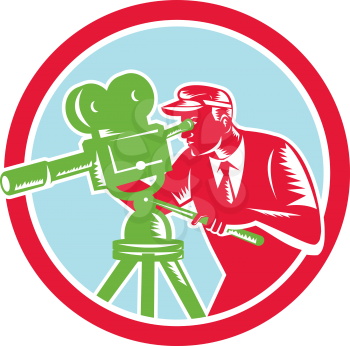 Illustration of a cameraman movie director with filming vintage camera shooting looking into lens viewed from the side set inside circle done in retro woodcut style.