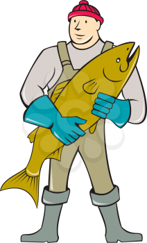Illustration of a butcher fishmonger worker standing holding salmon fish facing front set on isolated white background done in cartoon style. 