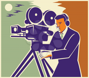 Illustration of a cameraman filmmaker moviemaker with vintage movie camera done in retro style.