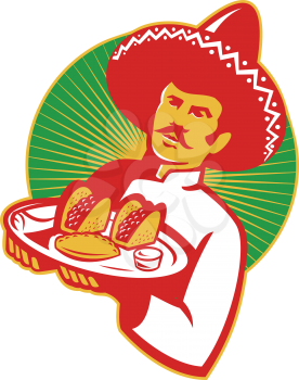 vector illuistration of a mexican chef wearing sombrero hat serving a plate full of taco burrito empanada set inside circle done in retro style.