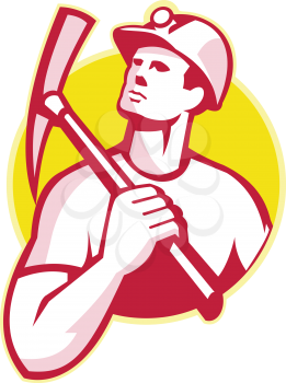 Illustration of a coal miner holding a pick ax on shoulder looking up set inside circle done in retro style.