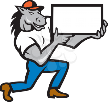 Illustration of a horse kneeling holding blank sheet board presenting set on isolated white background done in cartoon style. 