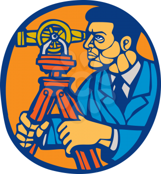 Illustration of a surveyor geodetic engineer with theodolite instrument surveying viewed from side set inside circle done in retro woodcut linocut style.