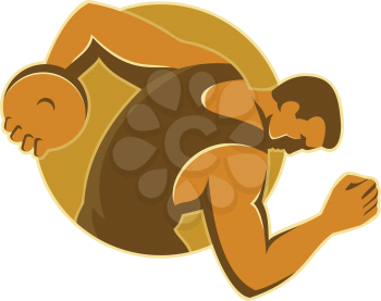 vector illustration of a male discus thrower throwing viewed from side done in retro style set inside circle on isolated white background.
