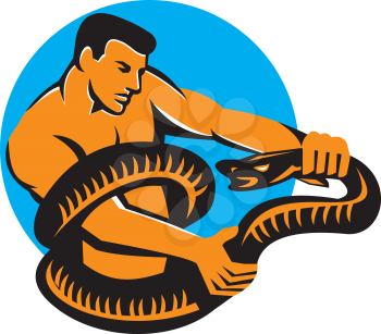 Illustration of a man struggling fighting a boa constrictor snake wrapped around his torso viewed from side set inside circle done in retro style.