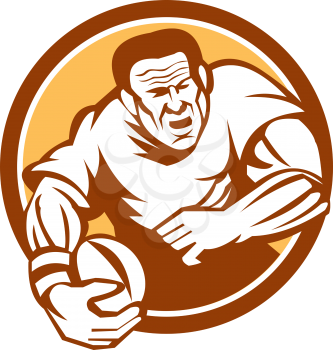 Illustration of a rugby player with ball running attacking set inside circle on isolated background done in retro woodcut linocut style.
