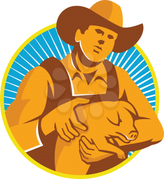 Illustration of a pig farmer holding a suckling piglet viewed from front set inside circle with sunburst done in retro style.