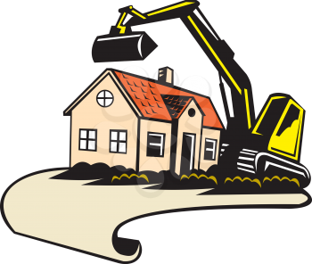 Illustration of a house demolition and building removal concept showing a house with construction digger mechanical excavator in the background done in retro style.