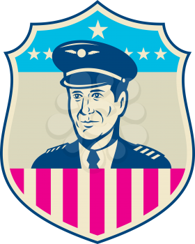 Illustration of an American airline aircraft pilot or aeronautical aviator looking to front set inside shield with USA stars and stripes flag done in retro style.