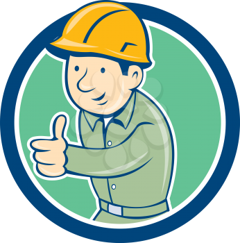 Illustration of a builder construction worker wearing hardhat thumbs up looking to the side set inside circle on isolated background done in retro style. 