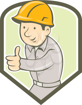 Illustration of a builder construction worker wearing hardhat thumbs up looking to the side set inside shield crest on isolated background done in retro style. 