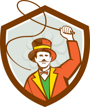 Illustration of a circus ring master holding a bullwhip facing front set inside shield crest on isolated background done in retro style. 