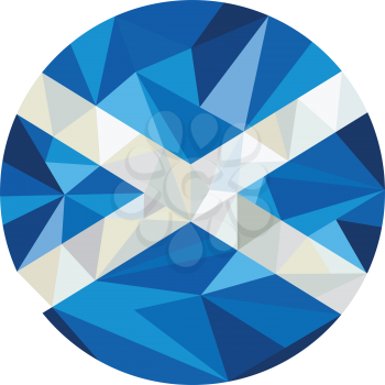 Low polygon style illustration of scotland scottish flag st andrew's cross set inside circle on isolated background. 