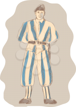 Illusatration of a Swiss guard standing attention facing front done in sketch style.