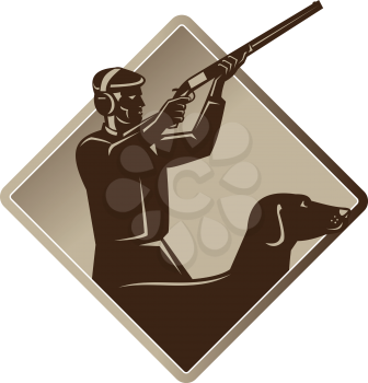 vector illustration of a hunter aiming shooting shotgun rifle with retriever dog in silhouette done retro style set inside diamond shape.