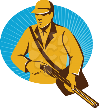 vector illustration of a hunter hunting with shotgun rifle oval done in retro style.