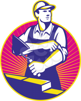 Illustration of a mason construction working holding trowel rolling up sleeves laying bricks set inside circle done in retro style.